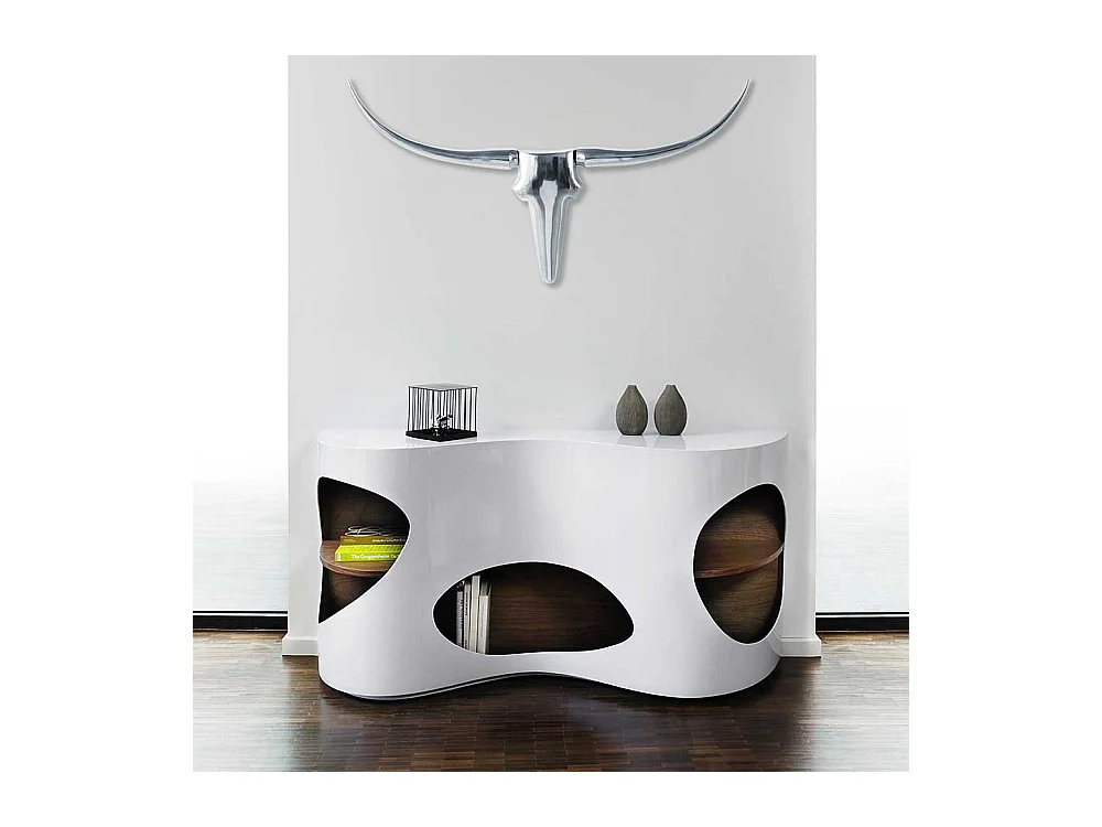 Hochglanz Sideboard in Weiß und Walnussfarben furniert geschwungen