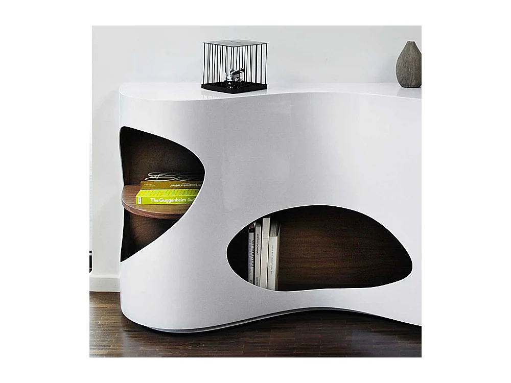 Hochglanz Sideboard in Weiß und Walnussfarben furniert geschwungen