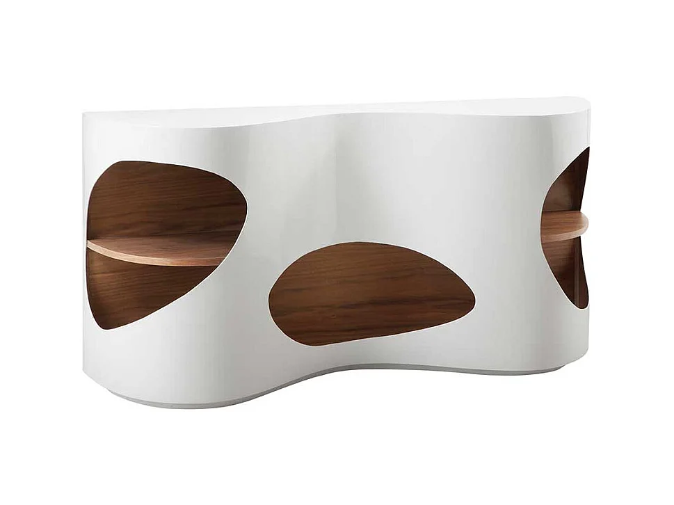 Hochglanz Sideboard in Weiß und Walnussfarben furniert geschwungen