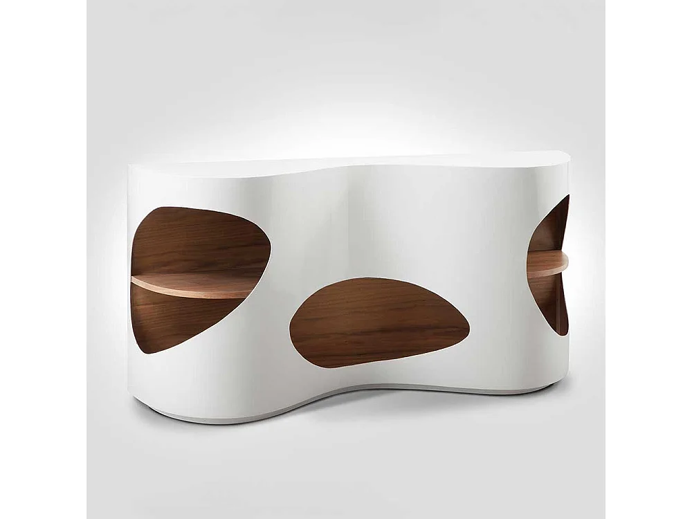 Hochglanz Sideboard in Weiß und Walnussfarben furniert geschwungen