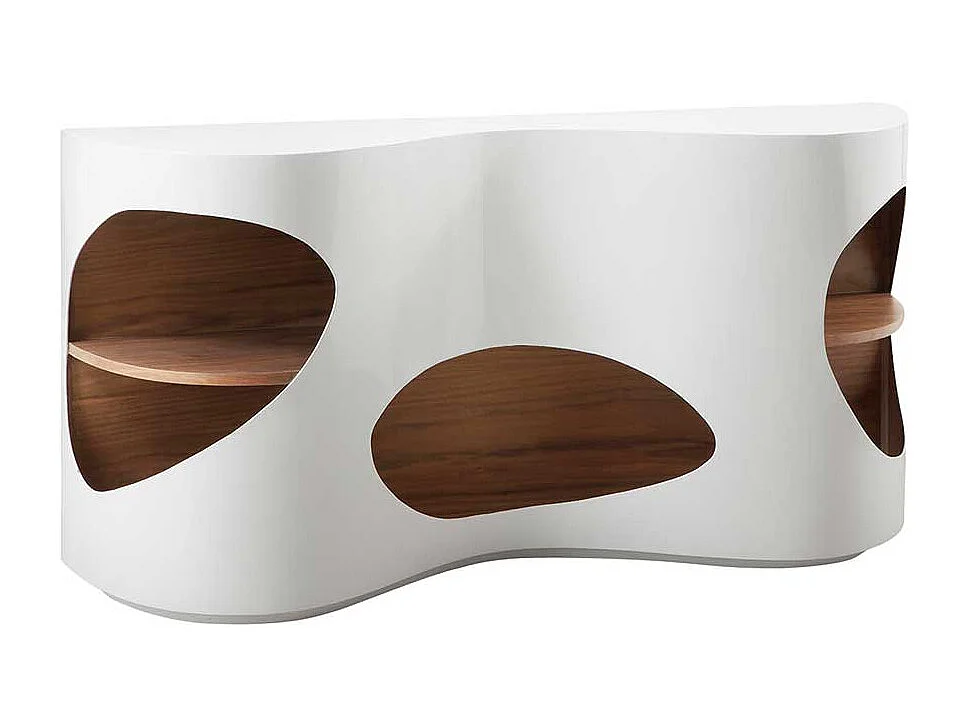 Hochglanz Sideboard in Weiß und Walnussfarben furniert geschwungen