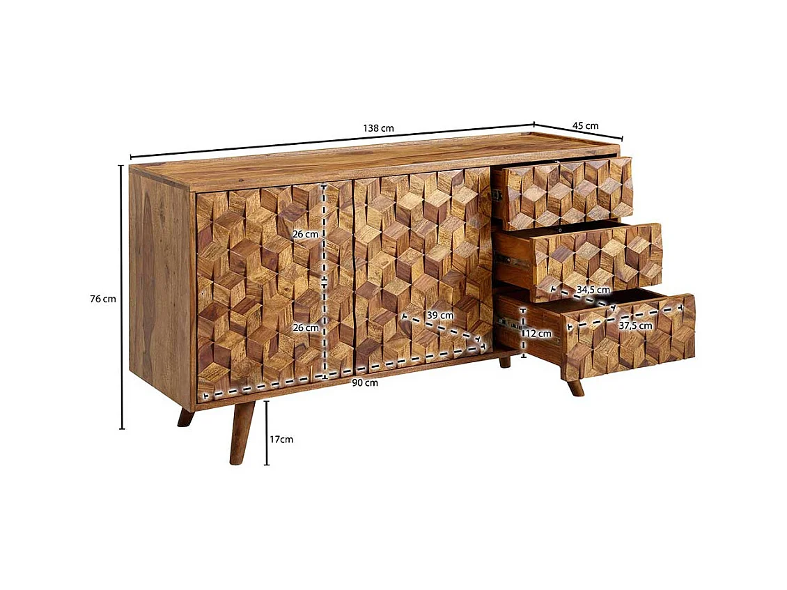 Esszimmer Sideboard aus Sheesham Massivholz Türen und Schubladen