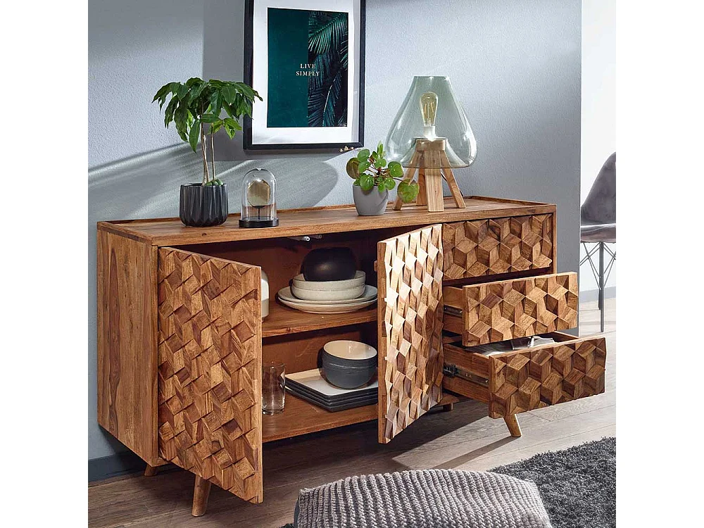 Esszimmer Sideboard aus Sheesham Massivholz Türen und Schubladen
