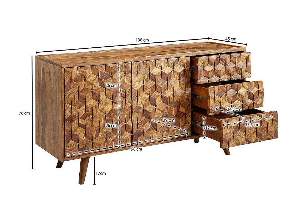 Esszimmer Sideboard aus Sheesham Massivholz Türen und Schubladen