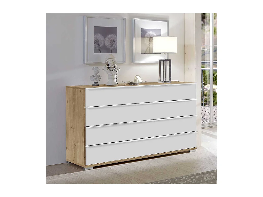 Schubladenkommode in Weiß und Eiche Bianco glasbeschichtet