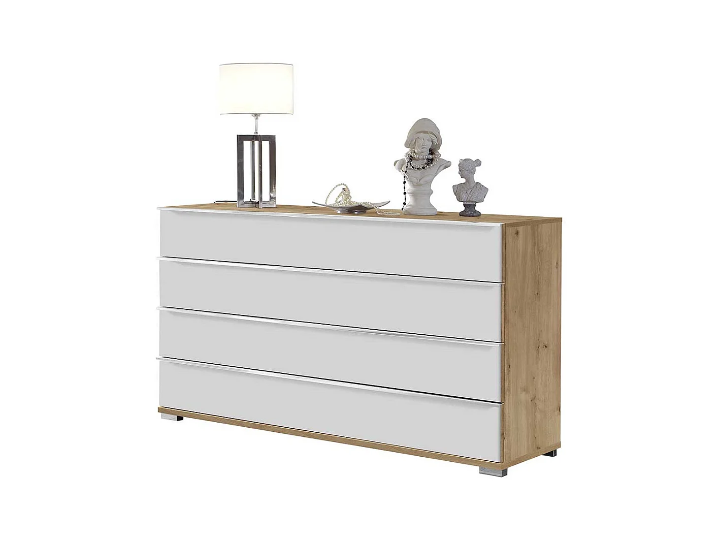 Schubladenkommode in Weiß und Eiche Bianco glasbeschichtet