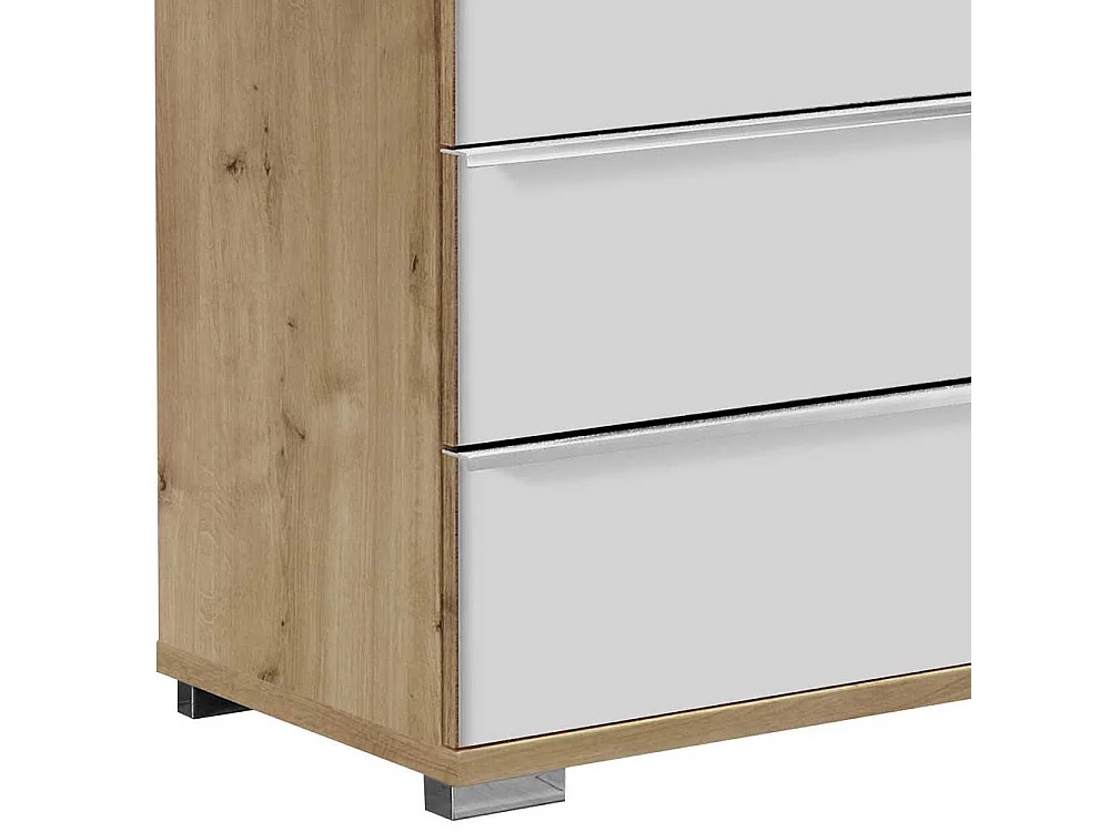 Schubladenkommode in Weiß und Eiche Bianco glasbeschichtet