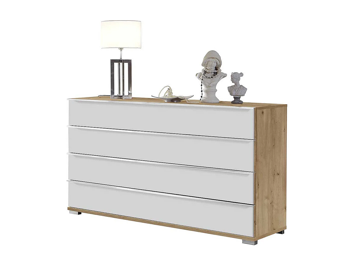 Schubladenkommode in Weiß und Eiche Bianco glasbeschichtet