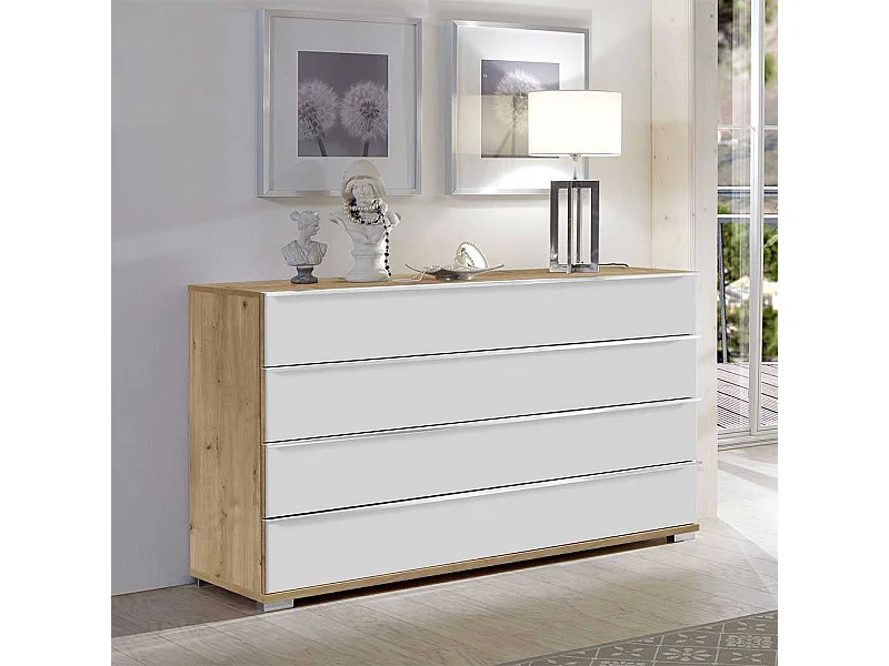 Schubladenkommode in Weiß und Eiche Bianco glasbeschichtet