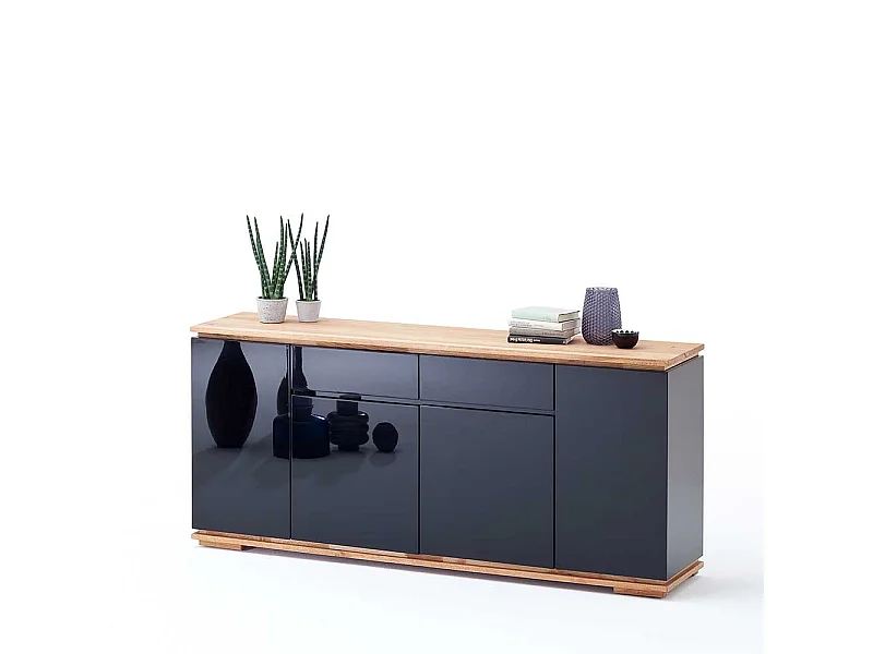 Design Sideboard in Schwarz Hochglanz Asteiche Massivholz