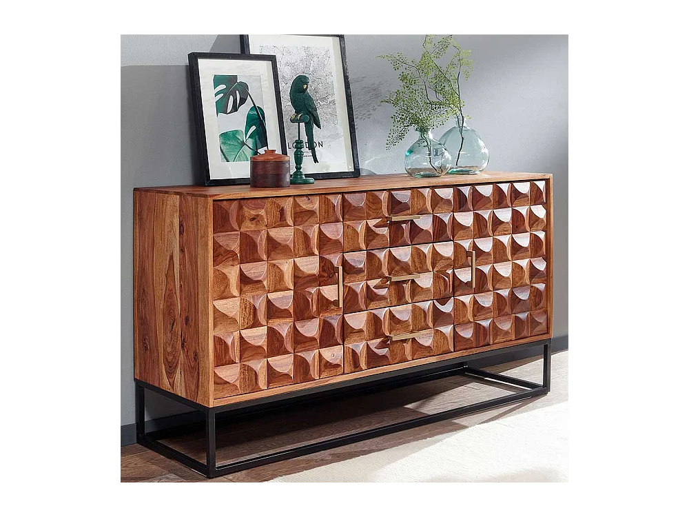 Esszimmersideboard 3D Front aus Sheesham Massivholz Metall