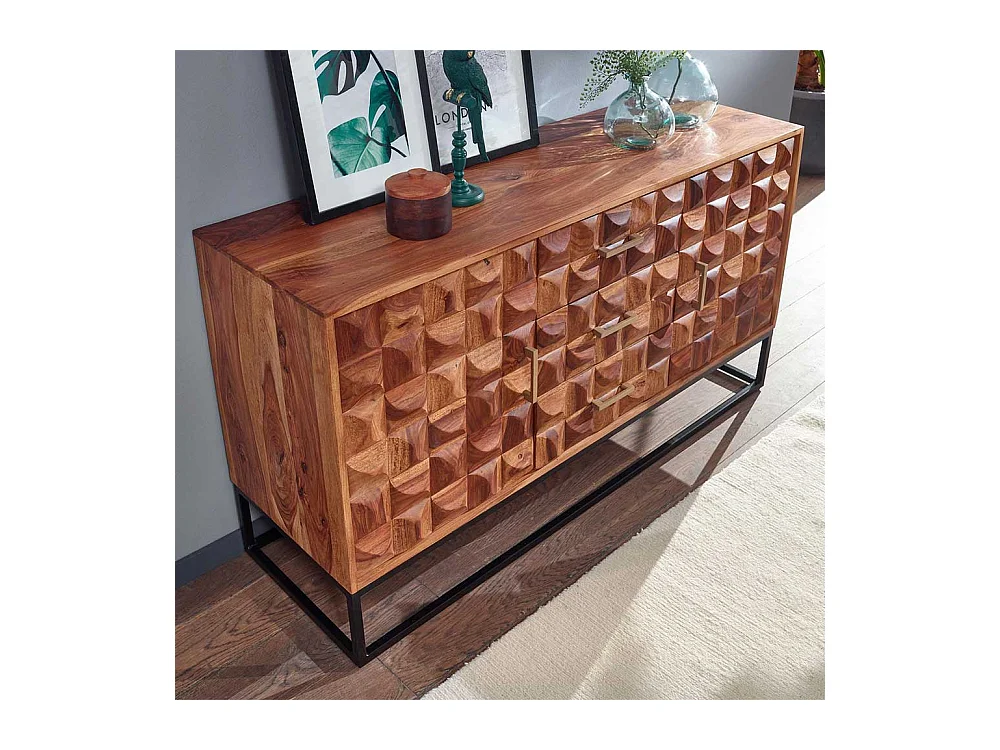 Esszimmersideboard 3D Front aus Sheesham Massivholz Metall