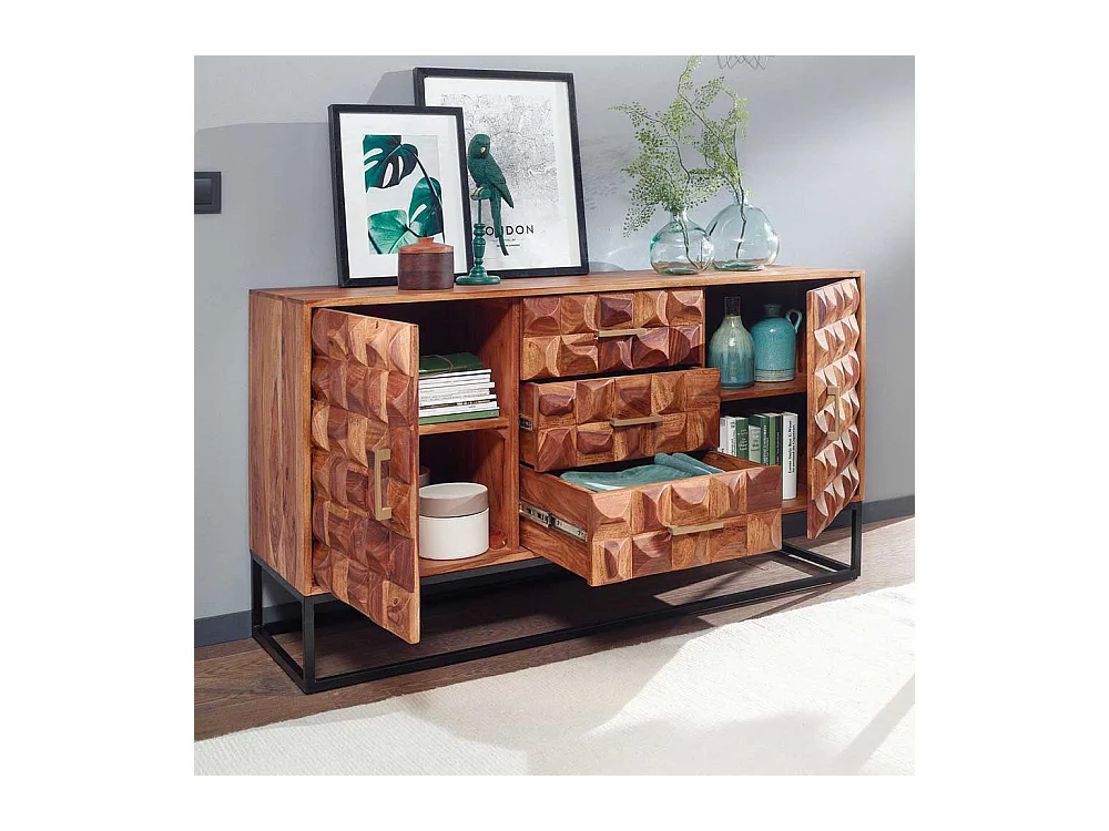 Esszimmersideboard 3D Front aus Sheesham Massivholz Metall