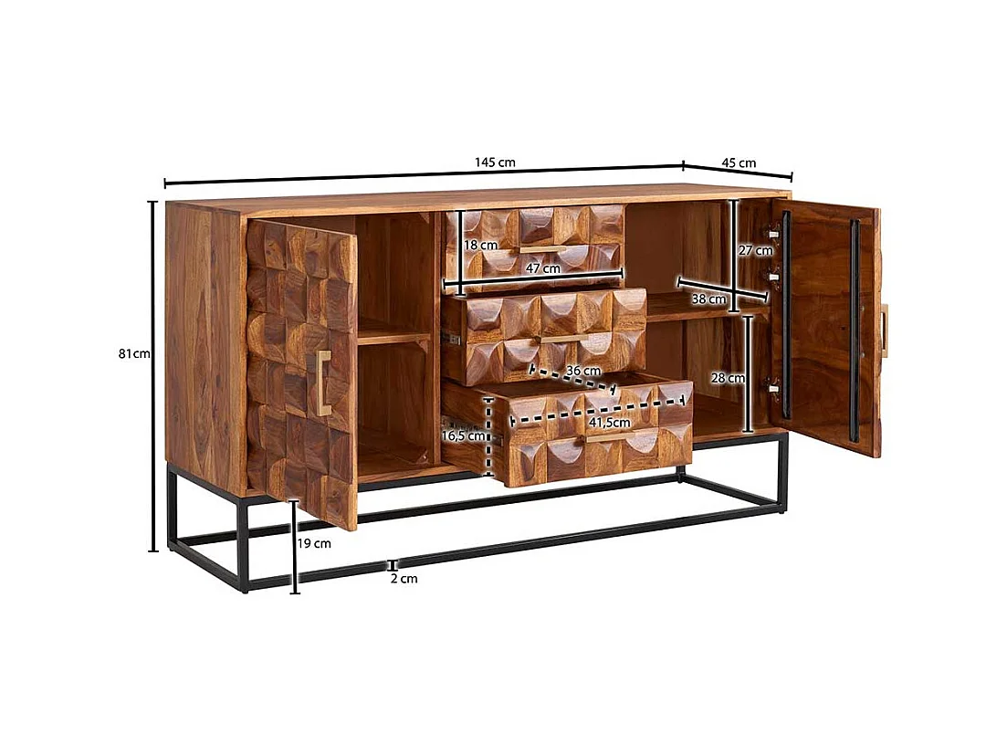 Esszimmersideboard 3D Front aus Sheesham Massivholz Metall