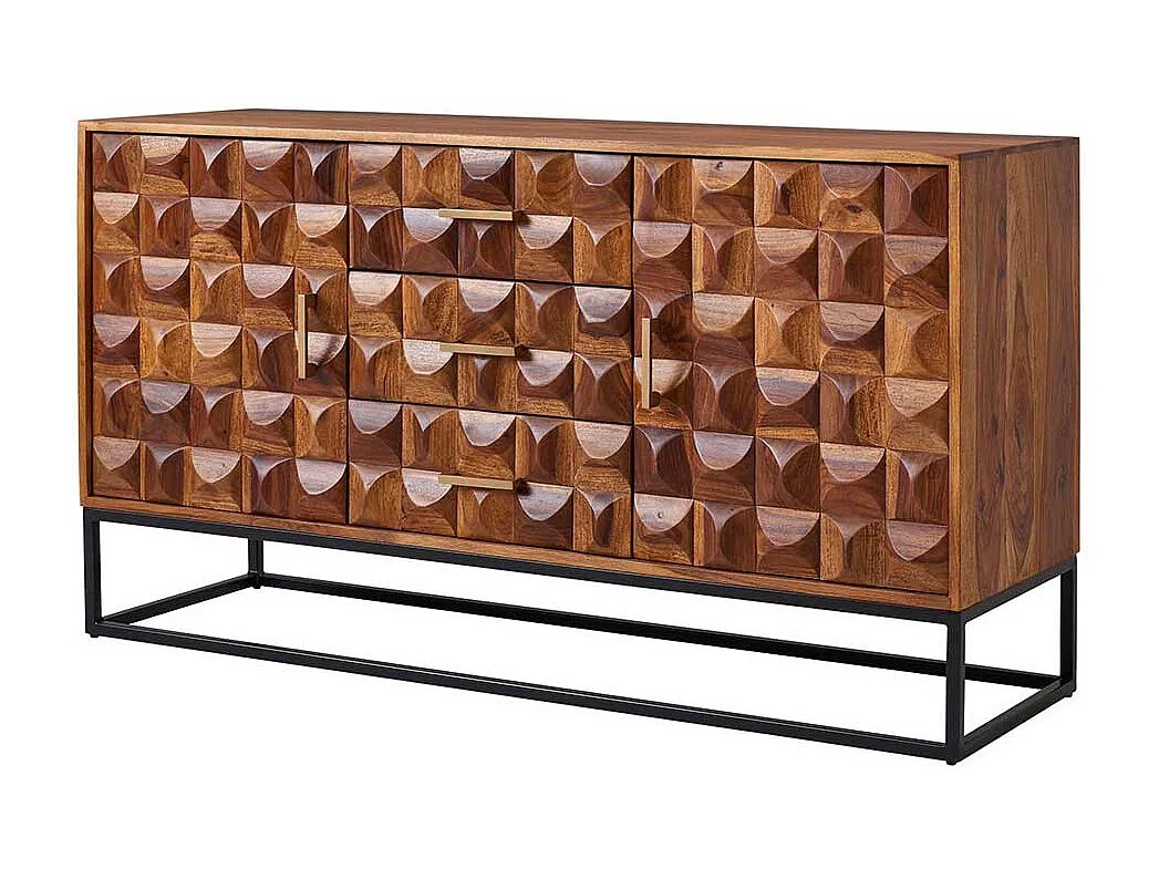 Esszimmersideboard 3D Front aus Sheesham Massivholz Metall