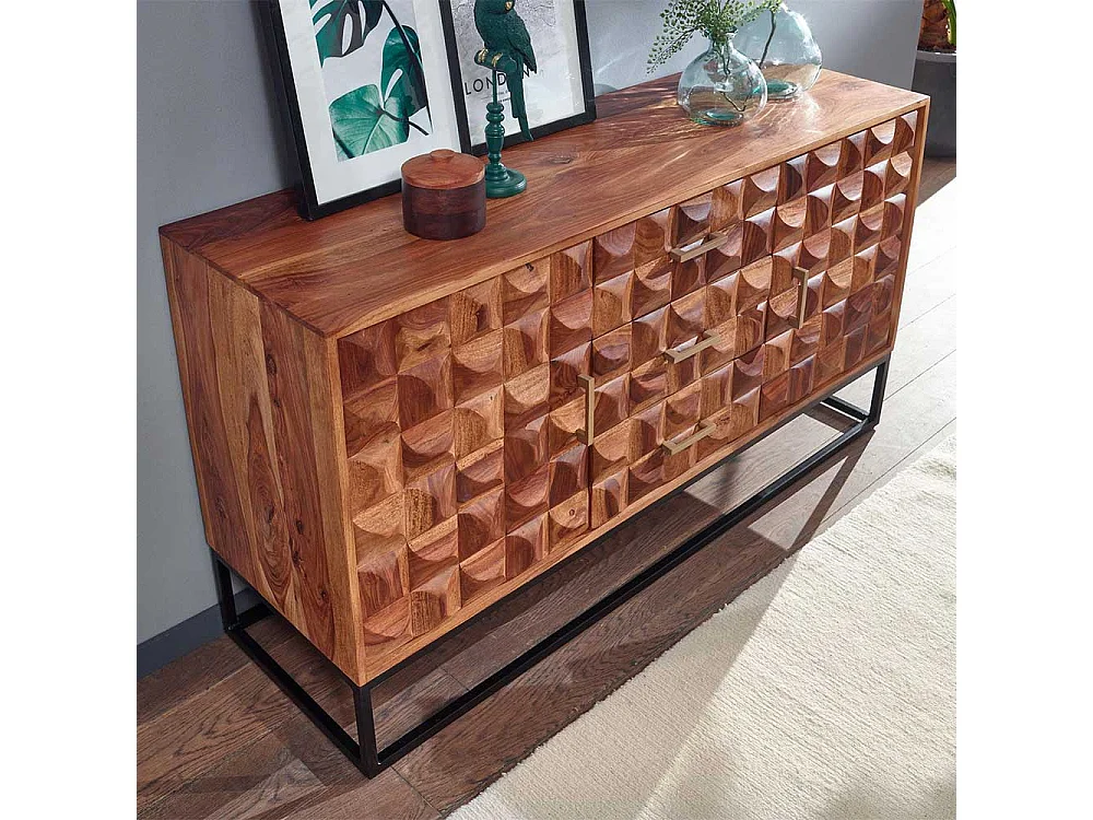 Esszimmersideboard 3D Front aus Sheesham Massivholz Metall