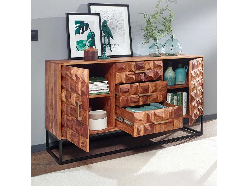 Esszimmersideboard 3D Front aus Sheesham Massivholz Metall