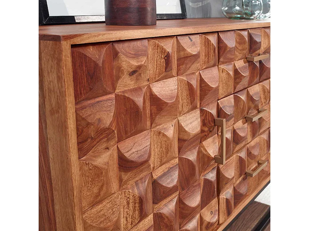 Esszimmersideboard 3D Front aus Sheesham Massivholz Metall