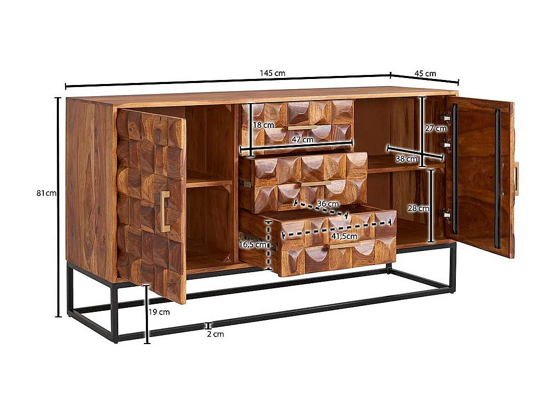 Esszimmersideboard 3D Front aus Sheesham Massivholz Metall