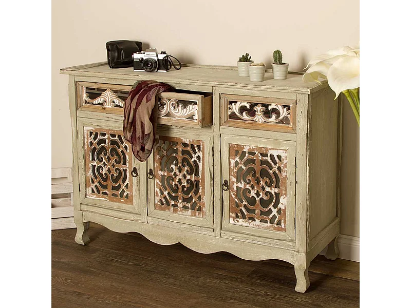 Shabby Chic Sideboard in Graubraun drei Schubladen und Türen