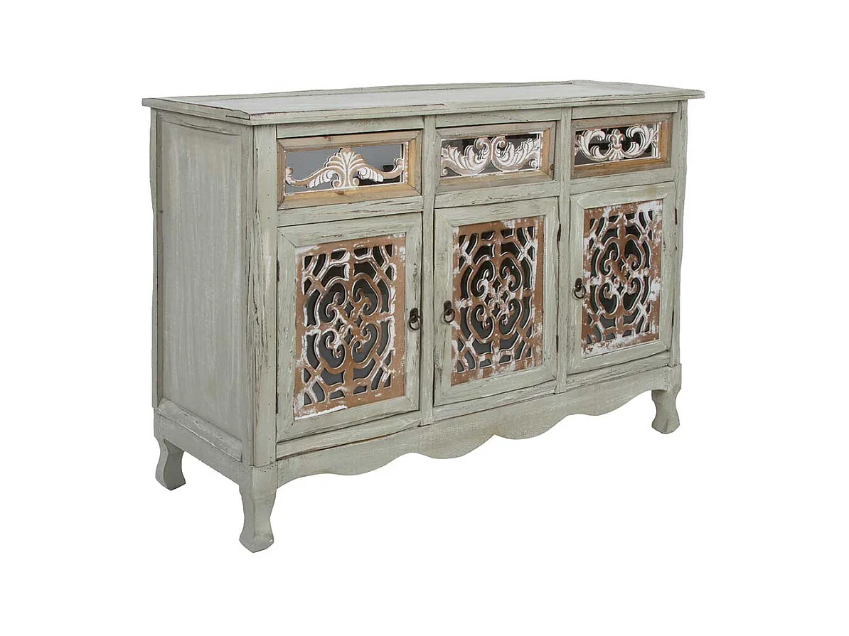Shabby Chic Sideboard in Graubraun drei Schubladen und Türen