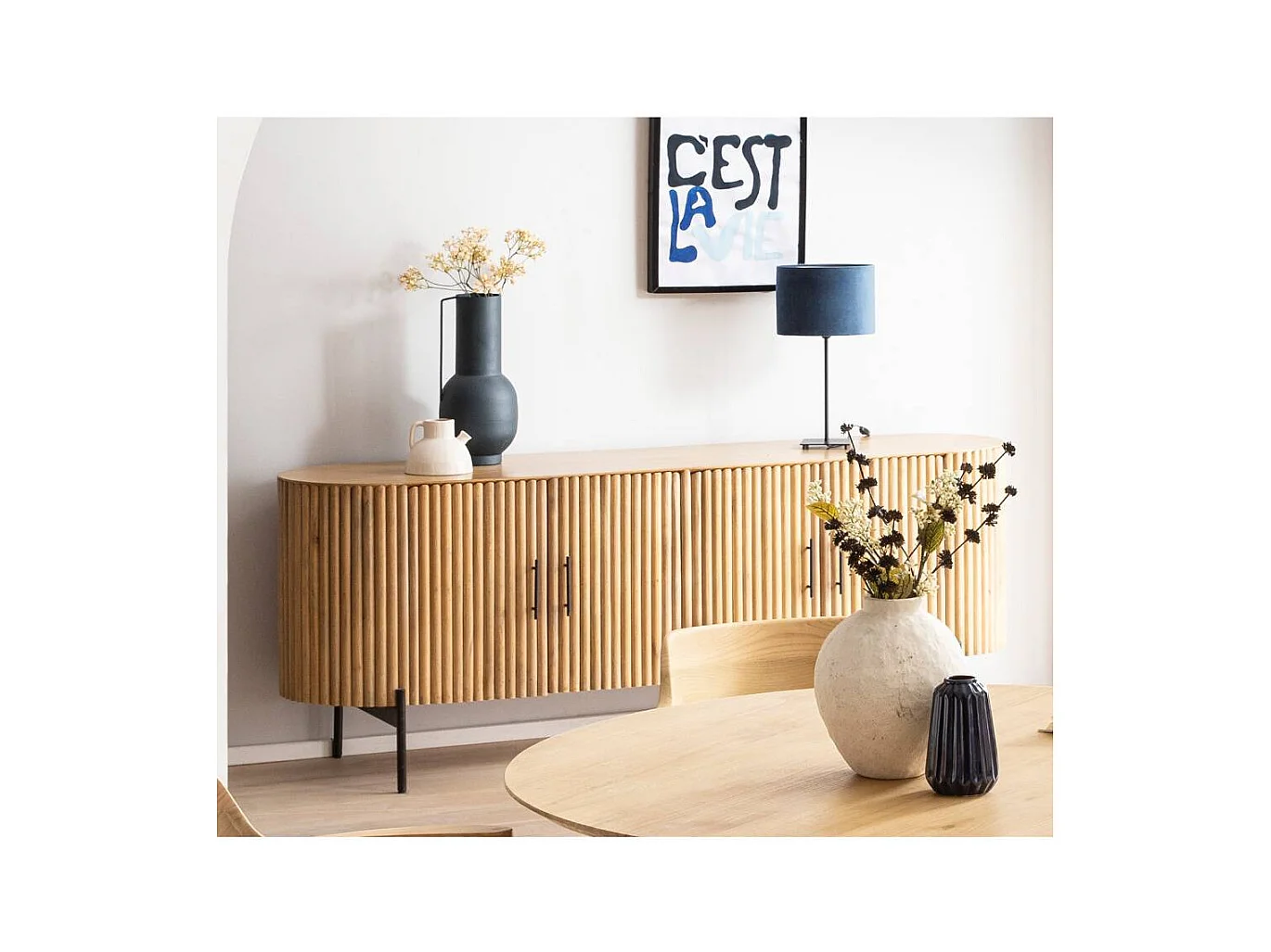 Sideboard Holzkommode in Mangoholz Naturfarben 4 türig