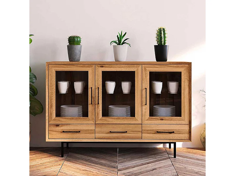 Vitrine mit Schubladen aus Wildeiche Massivholz und Metall montiert