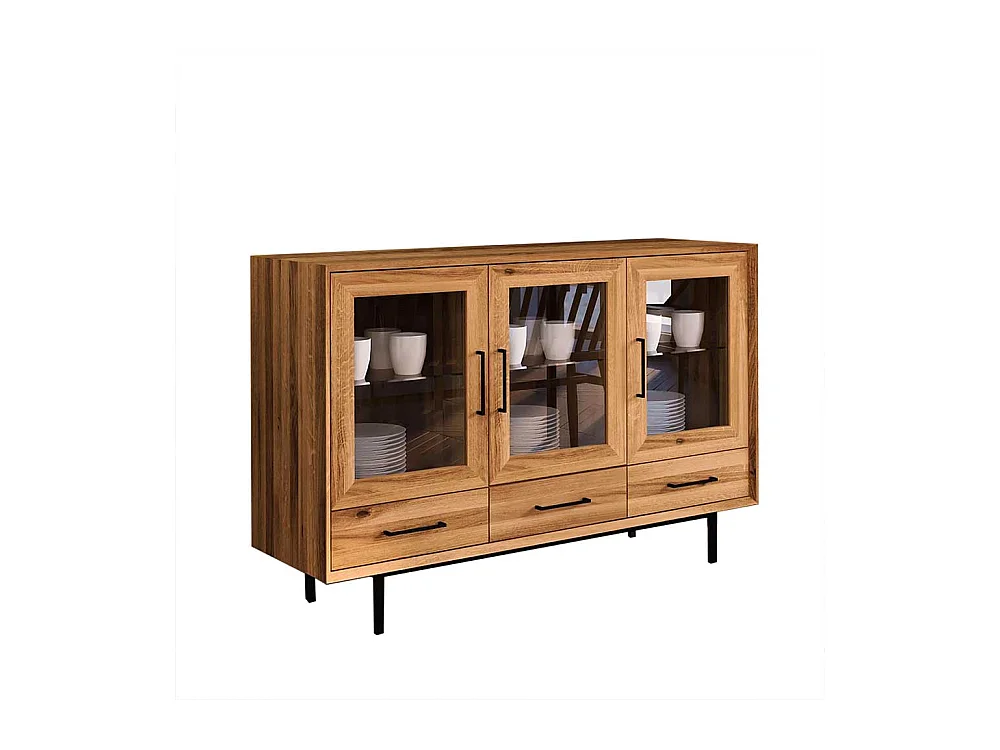 Vitrine mit Schubladen aus Wildeiche Massivholz und Metall montiert