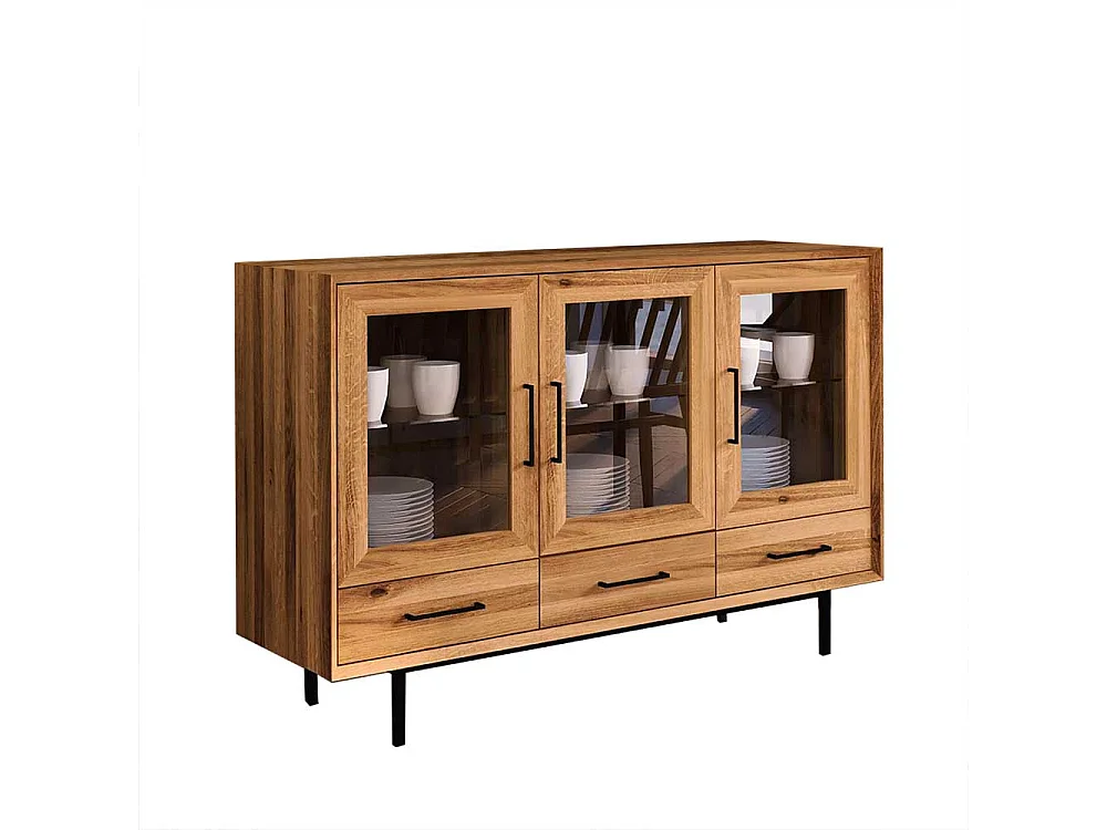 Vitrine mit Schubladen aus Wildeiche Massivholz und Metall montiert