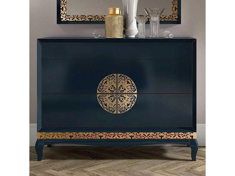 Italienisches Design Sideboard in Dunkelblau Blattgold verziert