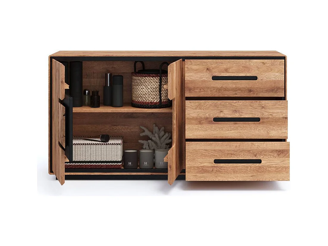 Sideboard Wohnzimmerkommode in Wildeichefarben mit drei Schubladen