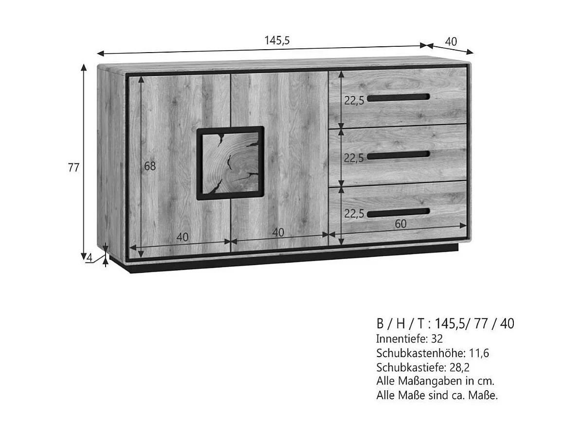 Sideboard Wohnzimmerkommode in Wildeichefarben mit drei Schubladen