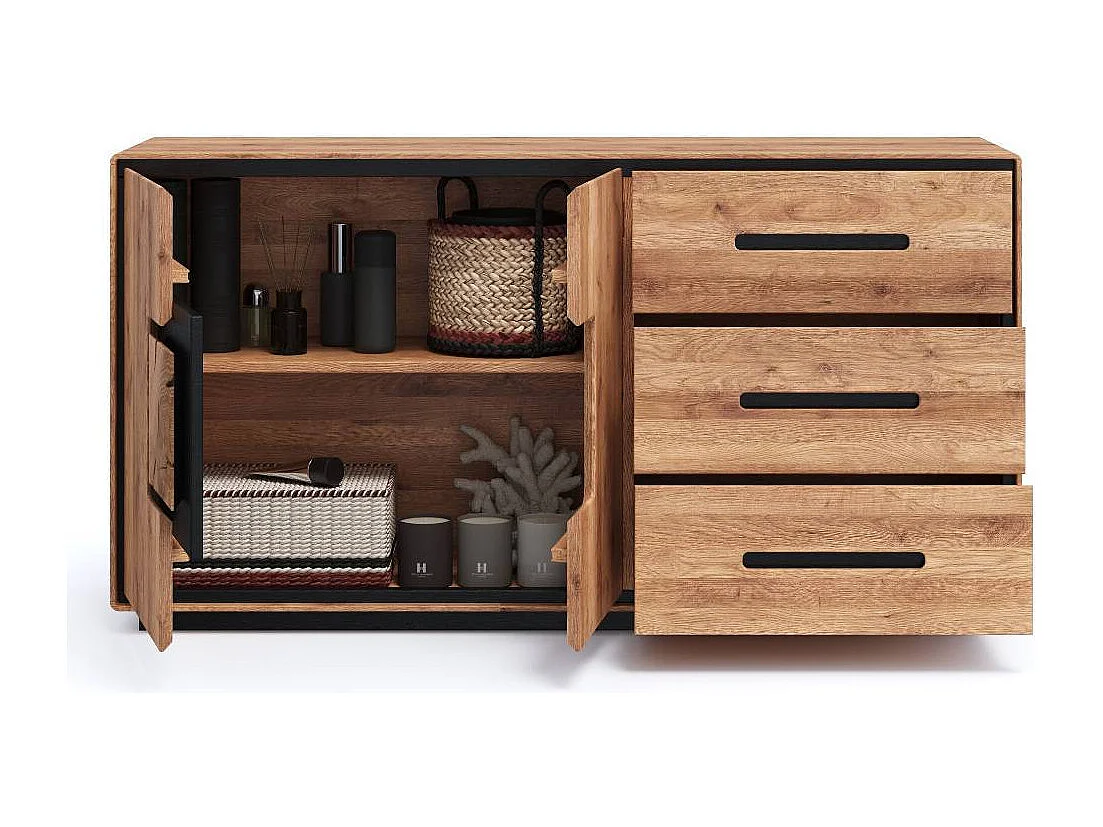 Sideboard Wohnzimmerkommode in Wildeichefarben mit drei Schubladen