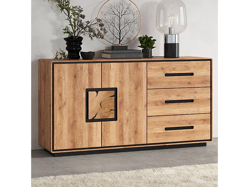 Sideboard Wohnzimmerkommode in Wildeichefarben mit drei Schubladen