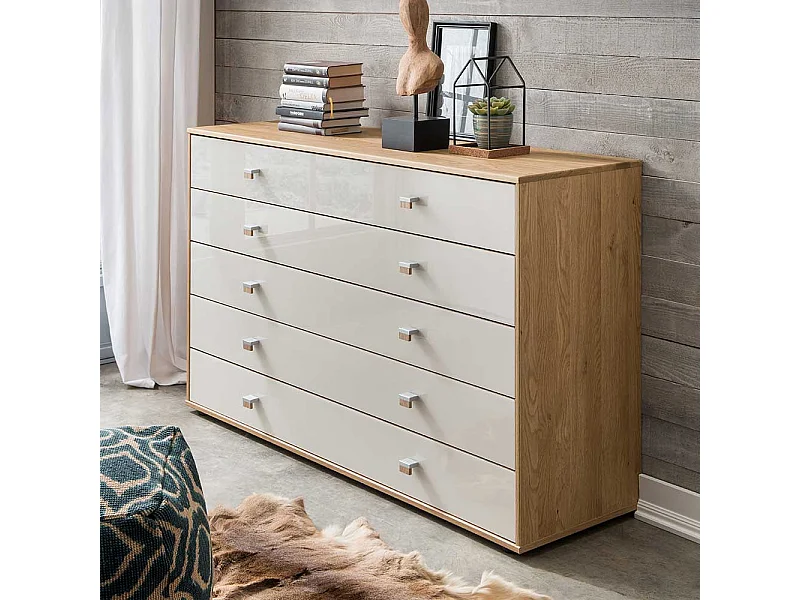 Schubladenkommode in Beige Glas beschichtet Eiche teilmassiv