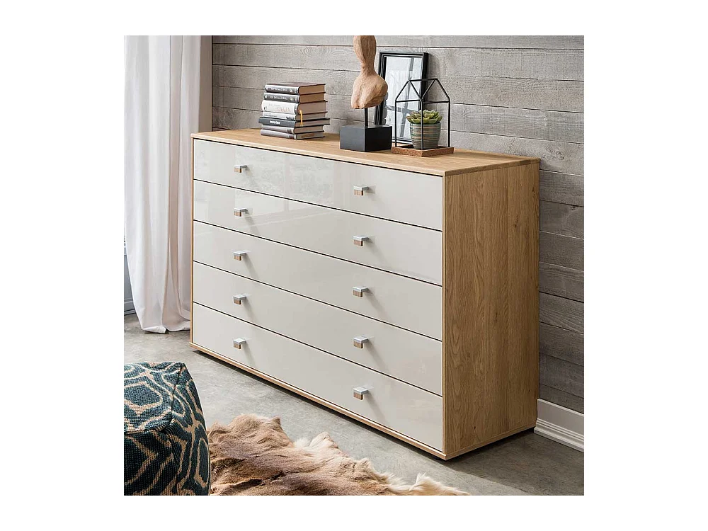 Schubladenkommode in Beige Glas beschichtet Eiche teilmassiv