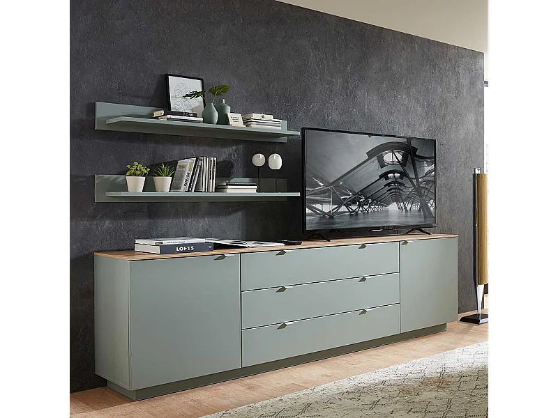 Sidebord modern Wohnzimmer in Graugrün und Holzoptik 240 cm breit