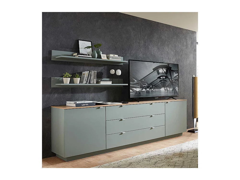Sidebord modern Wohnzimmer in Graugrün und Holzoptik 240 cm breit