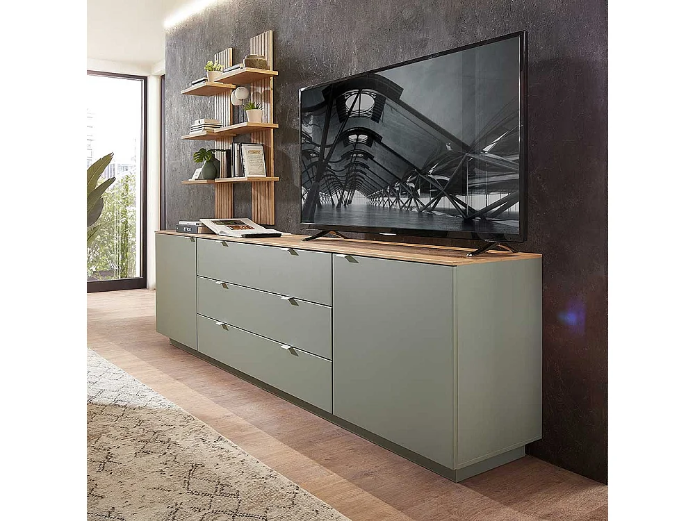 Sidebord modern Wohnzimmer in Graugrün und Holzoptik 240 cm breit