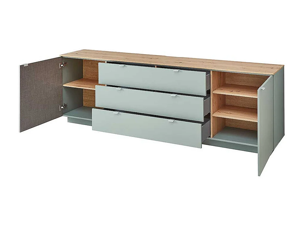 Sidebord modern Wohnzimmer in Graugrün und Holzoptik 240 cm breit