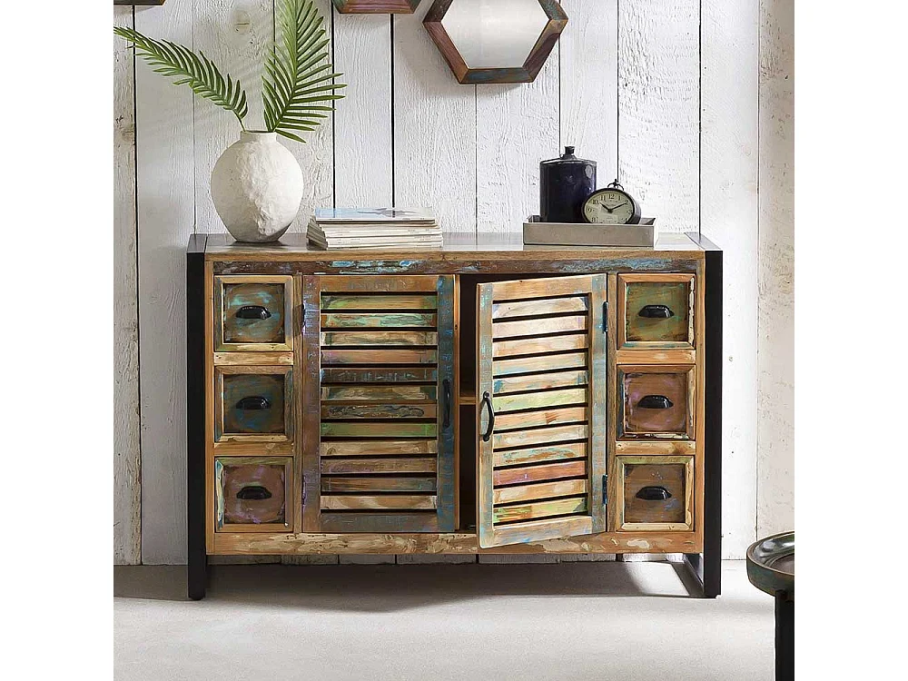 Shabby Chic Sideboard aus Recyclingholz und Metall 120 cm breit