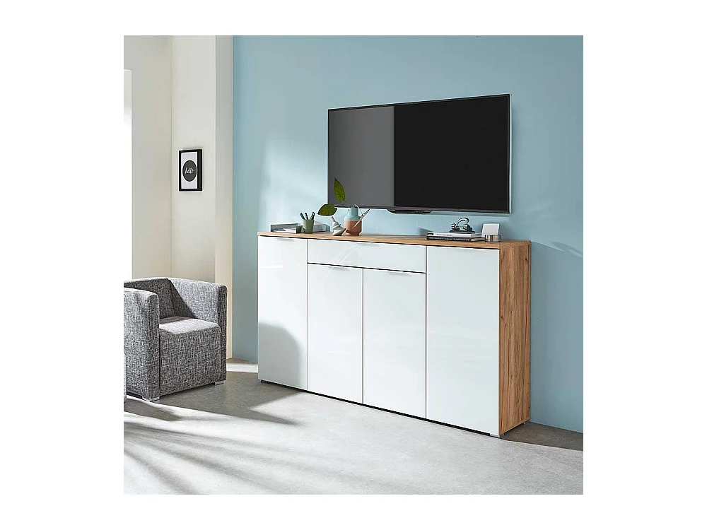 Design Sideboard in Weiß Glas beschichtet Eiche Dekor