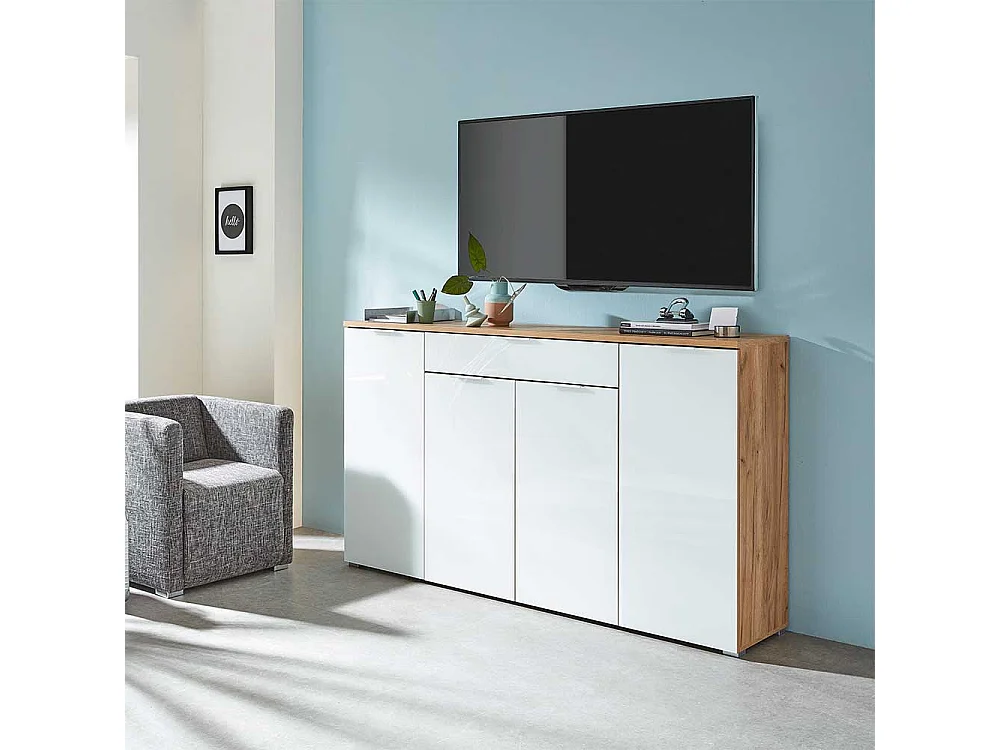 Design Sideboard in Weiß Glas beschichtet Eiche Dekor