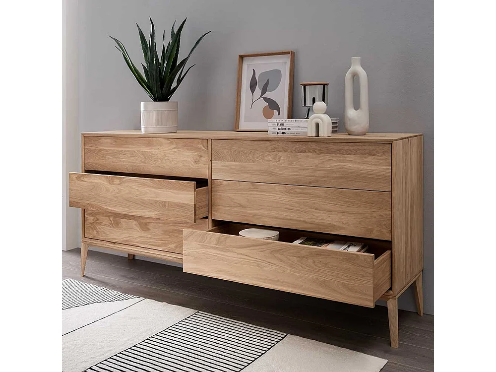 Sideboard mit Schubladen aus Wildeiche Massivholz Bianco geölt 178 cm breit