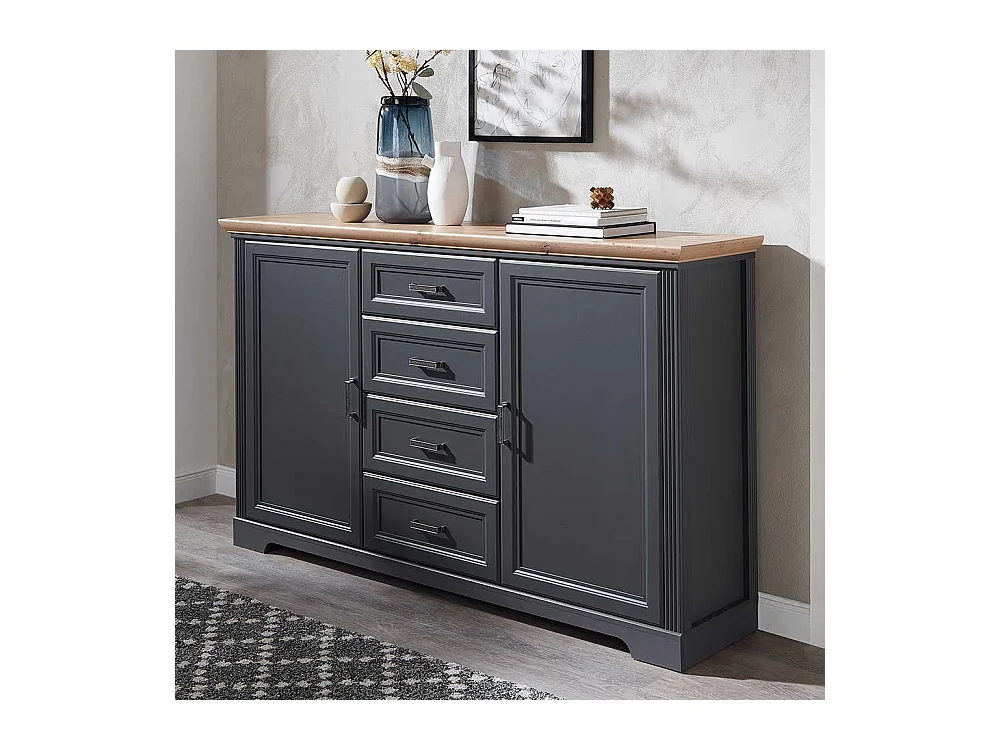 Landhaus Sideboard in Dunkelgrau und Eichefarben vier Schubladen