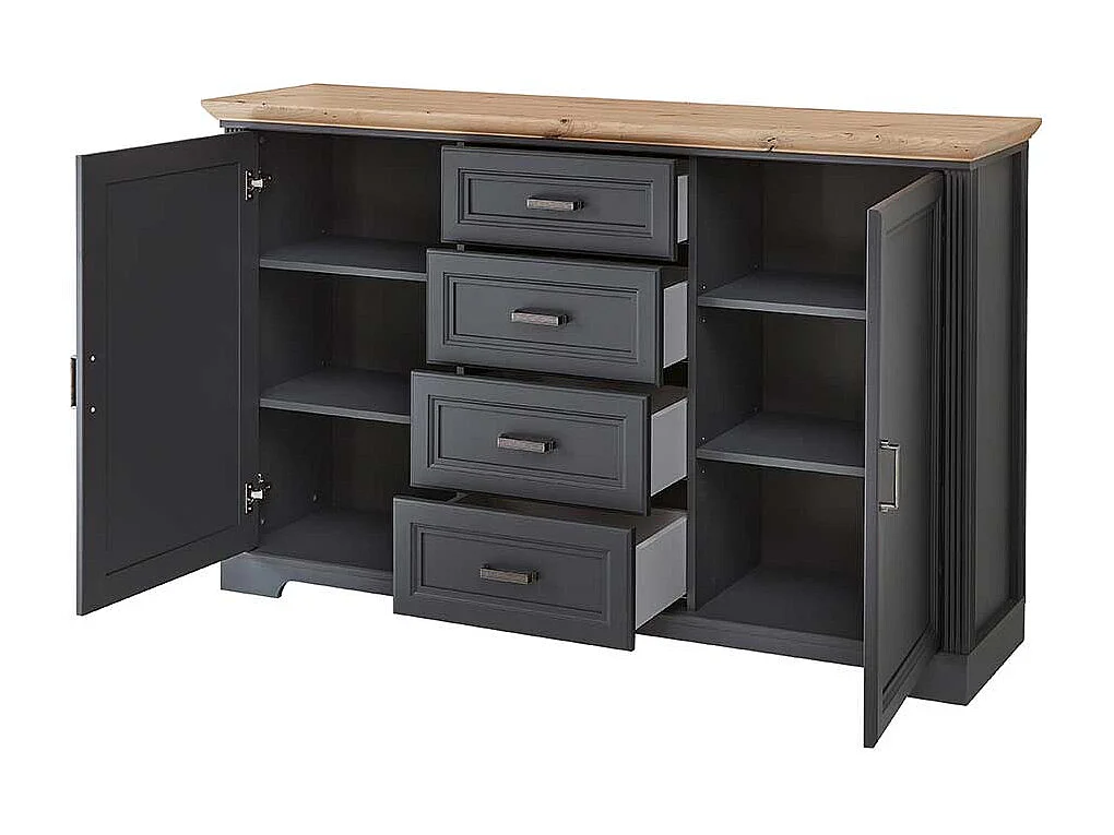 Landhaus Sideboard in Dunkelgrau und Eichefarben vier Schubladen