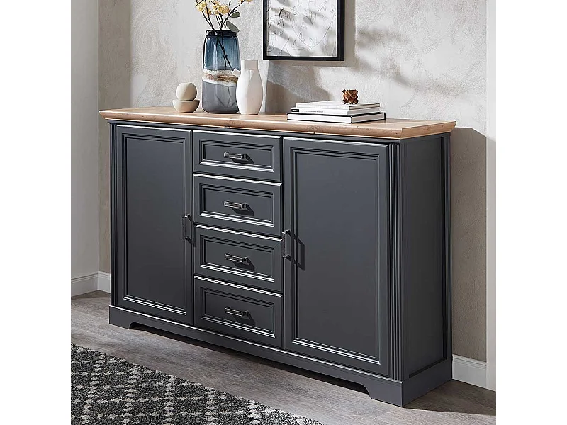 Landhaus Sideboard in Dunkelgrau und Eichefarben vier Schubladen