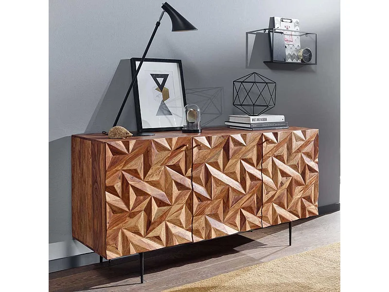 Handgearbeitetes Sideboard aus Sheesham Massivholz und Metall 3 türig
