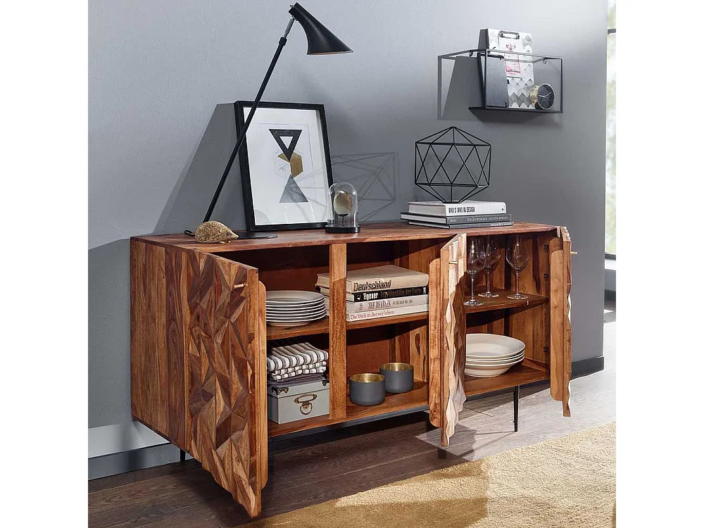 Handgearbeitetes Sideboard aus Sheesham Massivholz und Metall 3 türig