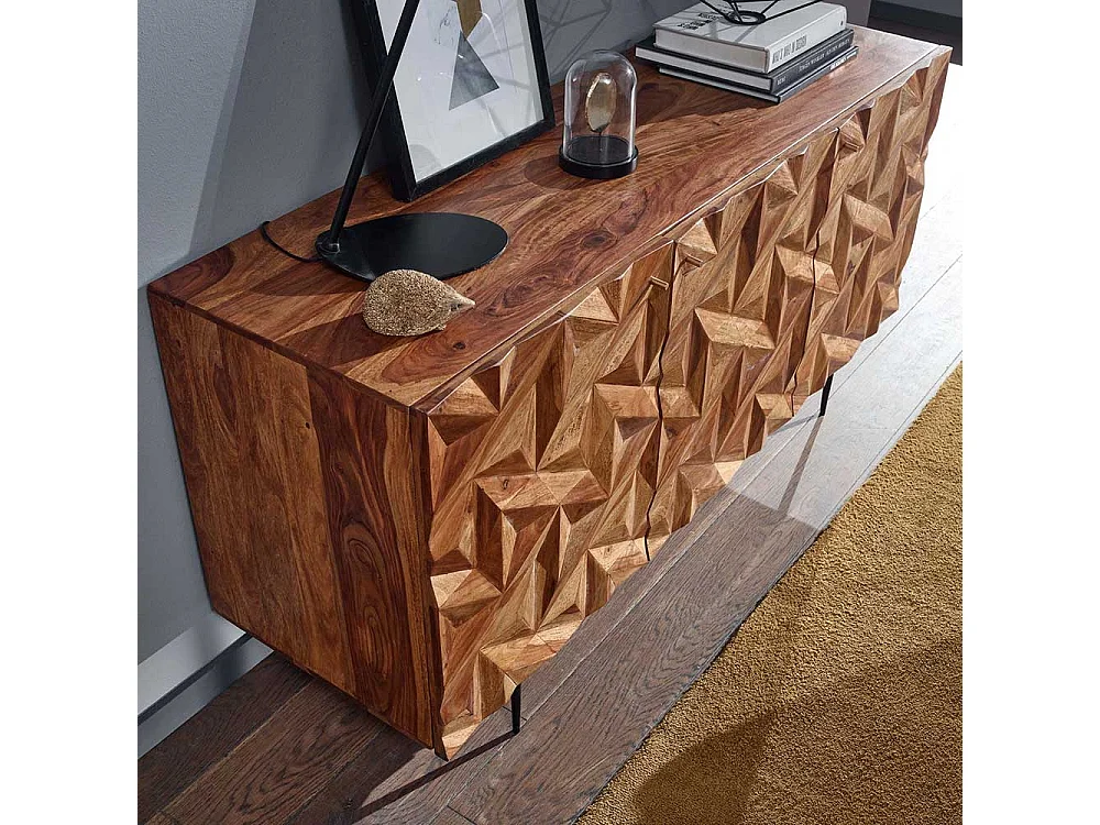 Handgearbeitetes Sideboard aus Sheesham Massivholz und Metall 3 türig